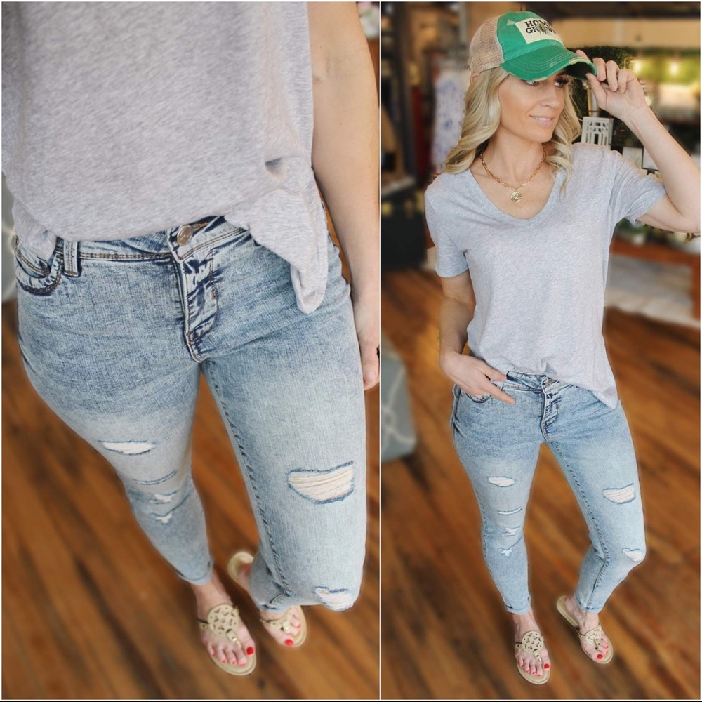 Distressed Ankle Slim Fit Acid Wash Jeans